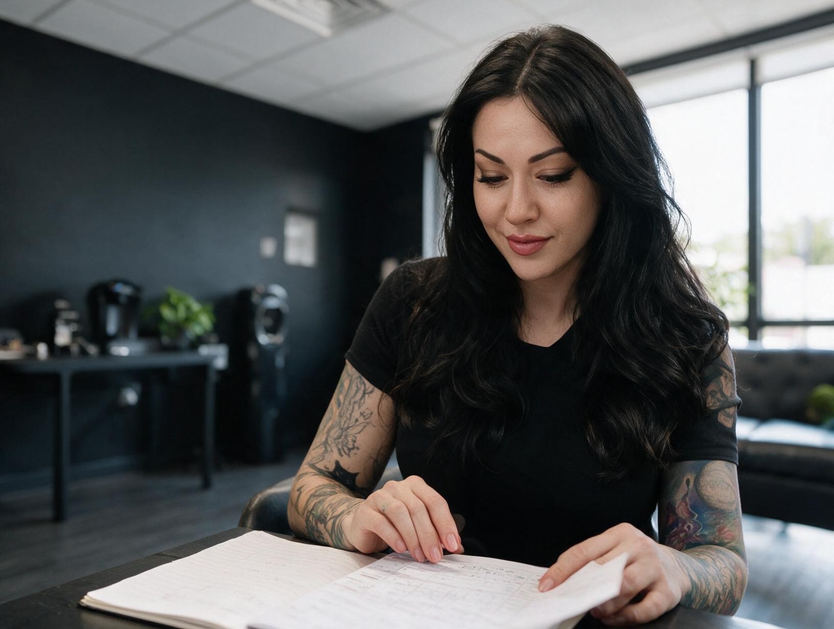 Woman with long dark wavy hair and tattooed arms sits at a desk in a dark-walled room