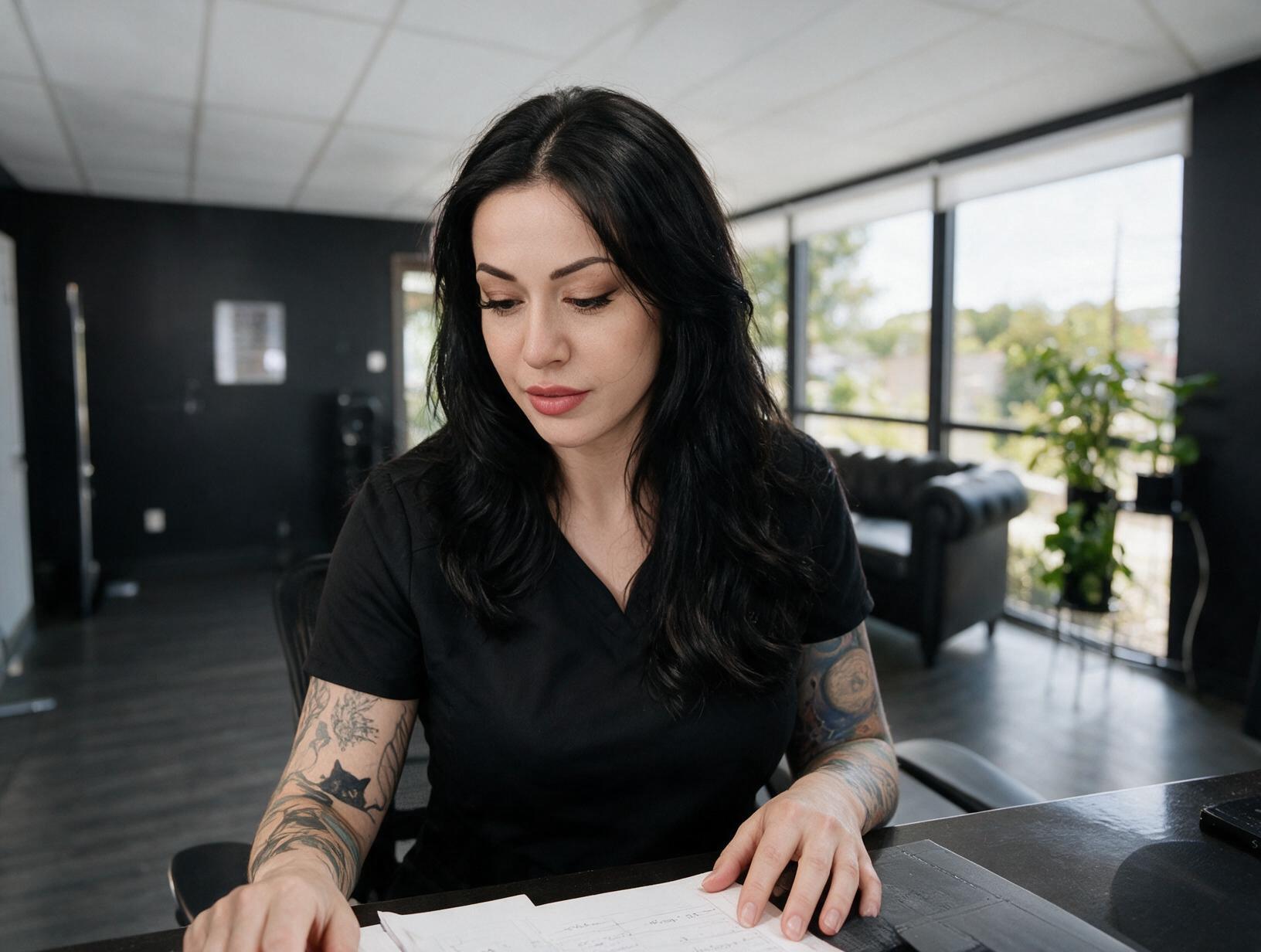 Dark-haired tattooed woman in black scrubs looks down at papers on a dark desk in a bright room with a leather sofa and