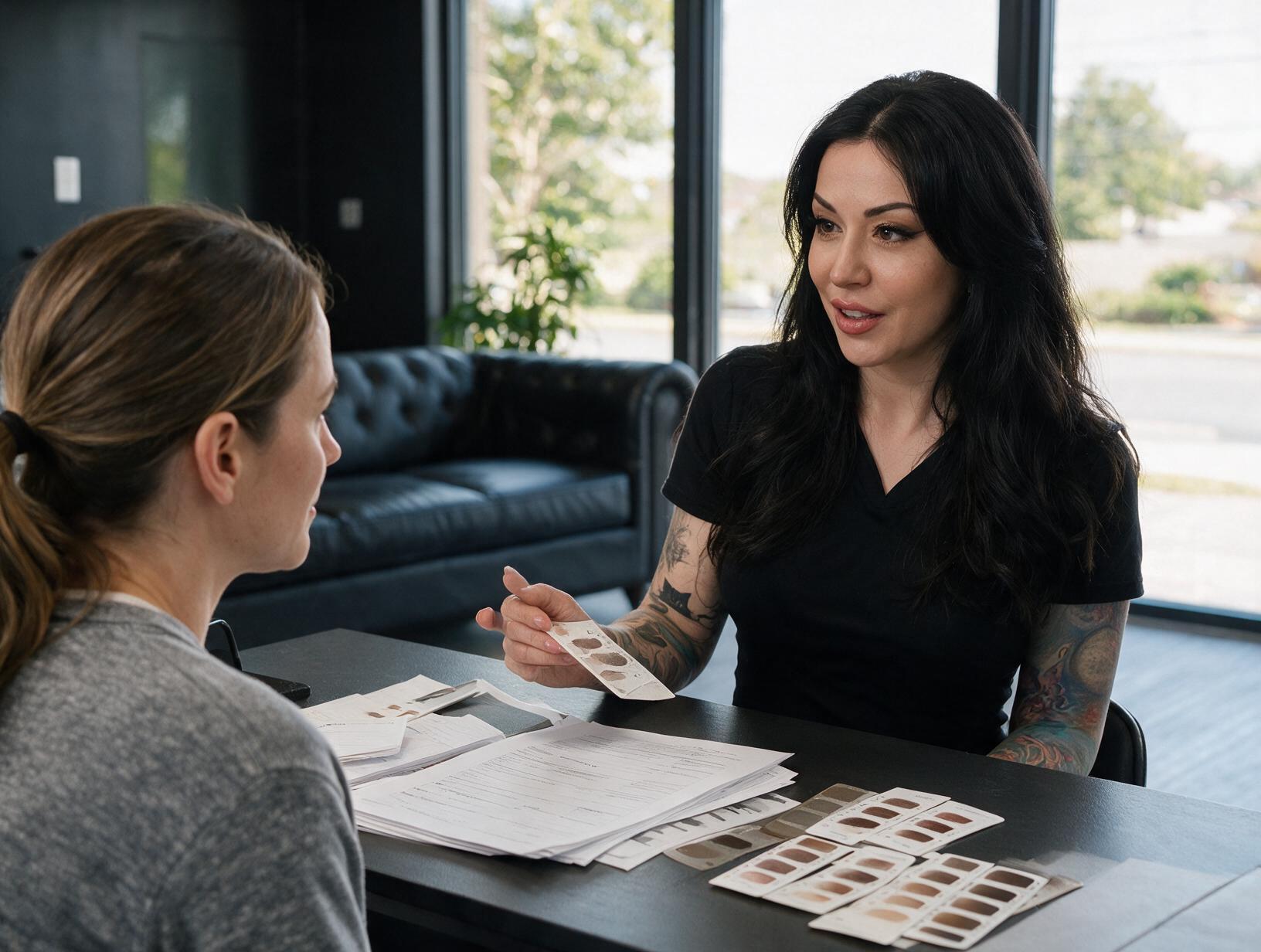 Tattooed woman with long black hair holds a pigment swatch card and talks with a seated client across a table of papers and