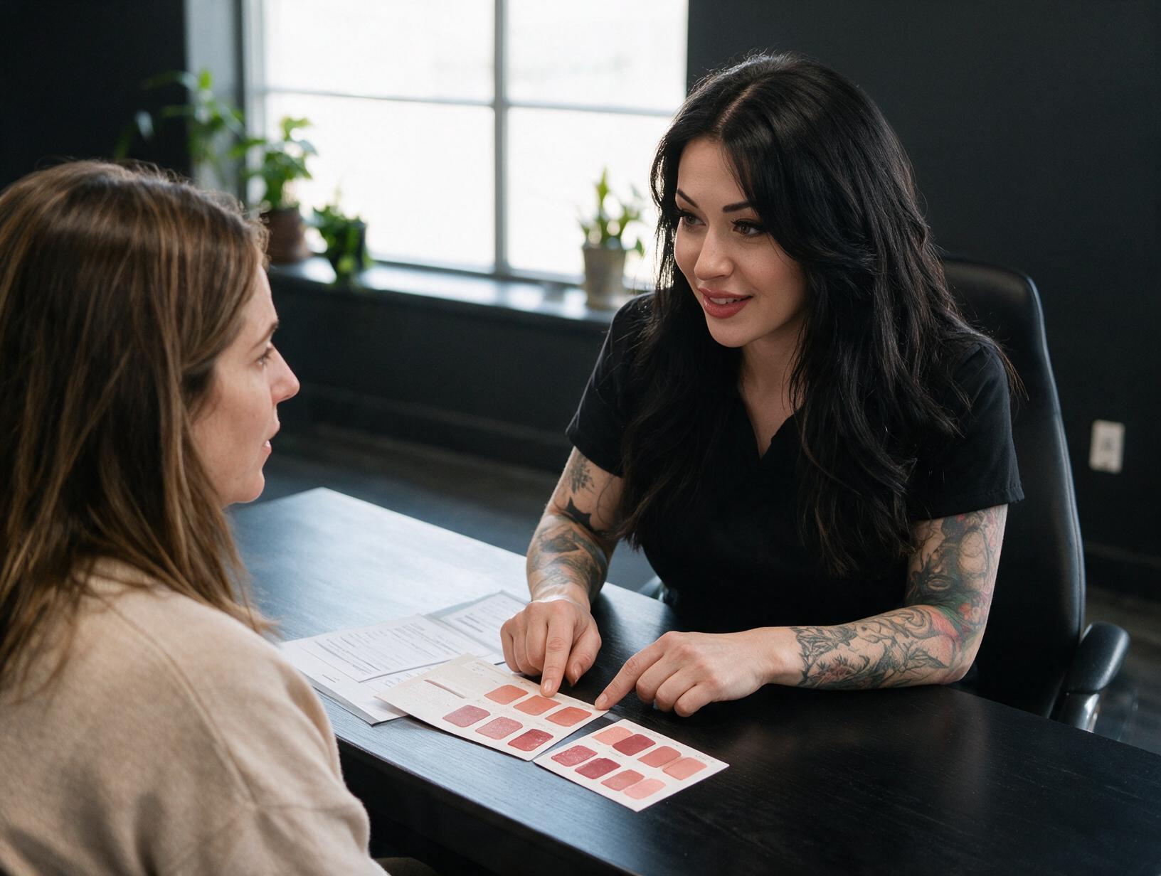 A tattooed woman in black scrubs points to lip pigment swatch cards on a dark table while talking with a client in a beige