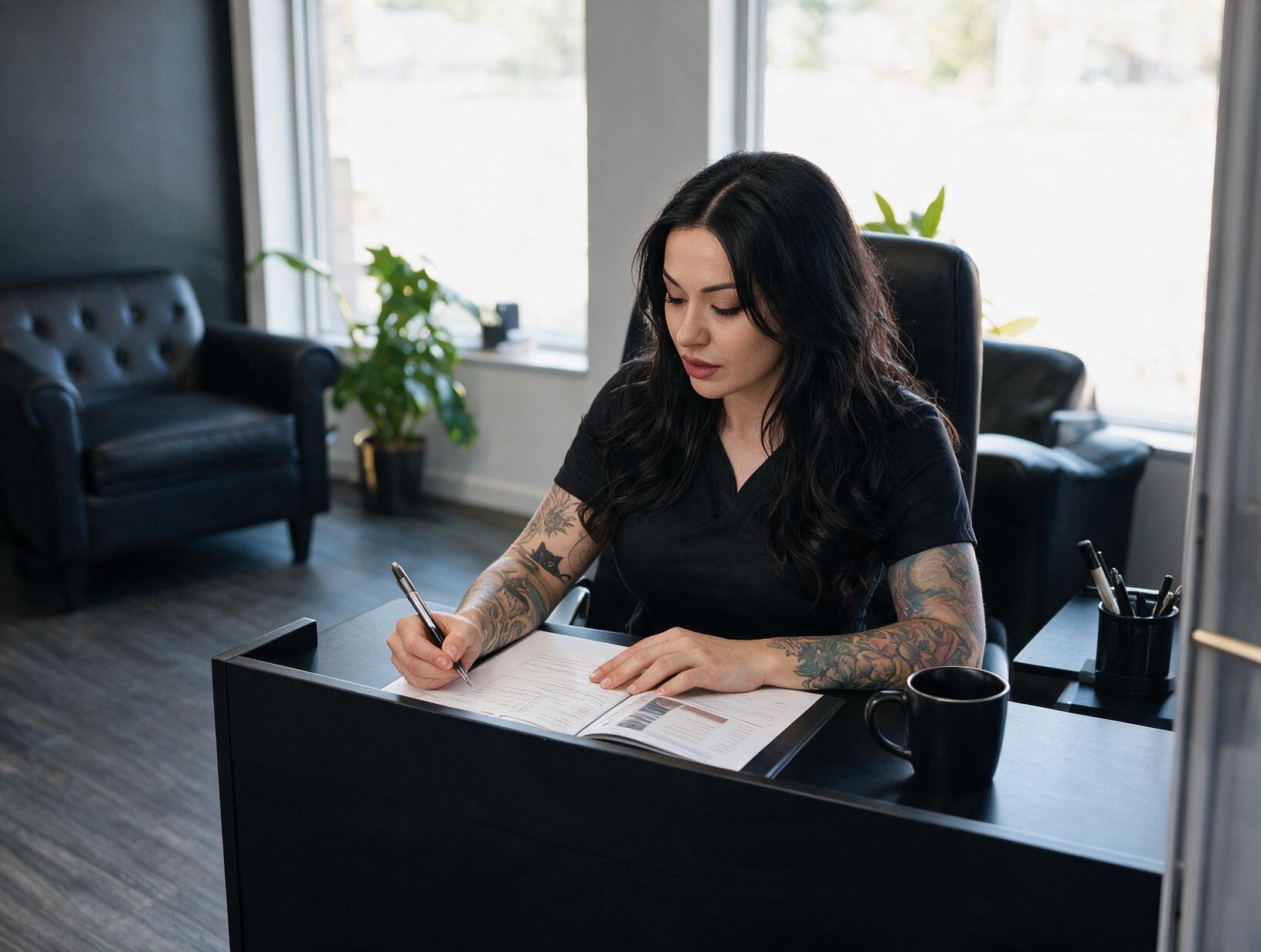 Tattooed woman with long dark wavy hair sits at a black desk writing on papers, with leather armchairs and plants by the windows.