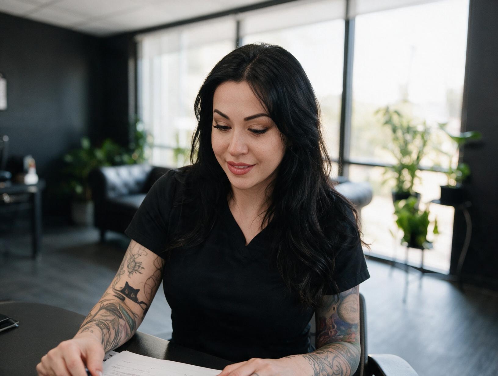 Woman with long dark wavy hair and tattooed arms in a black top looks down at papers at a desk in a bright room with plants.